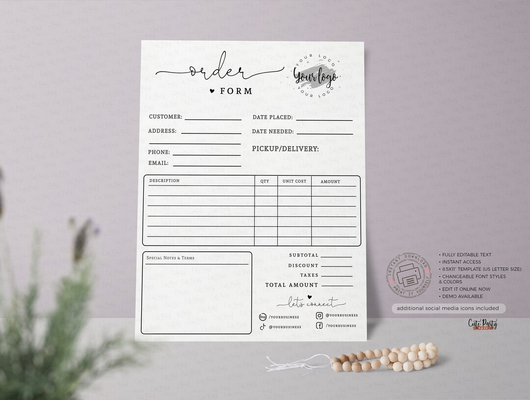 Order Form Template Editable, INSTANT DOWNLOAD, Printable Small ...