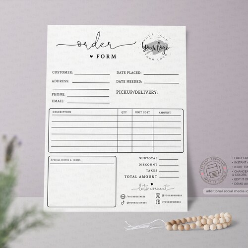 Order Form Template editable, INSTANT DOWNLOAD, Printable Small business custom order form download, Corjl Editable Order Form BU001 Billing