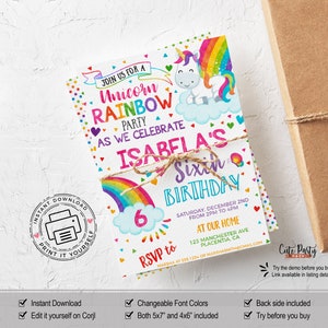 May include: A vibrant invitation for a unicorn-themed birthday celebration. The design includes a rainbow, a unicorn, and the text "Unicorn Rainbow Party" and "Isabela's Sixth Birthday". The invitation is tied with twine.