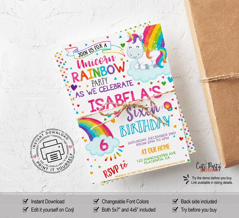 May include: A vibrant invitation for a unicorn-themed birthday celebration. The design includes a rainbow, a unicorn, and the text "Unicorn Rainbow Party" and "Isabela's Sixth Birthday". The invitation is tied with twine.
