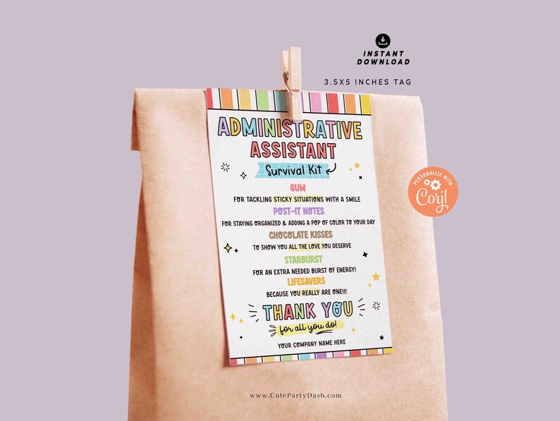 Administrative Assistant Survival Kit Tag Printable INSTANT DOWNLOAD Administrative Professionals Day Appreciation Thank You Secretaries Day