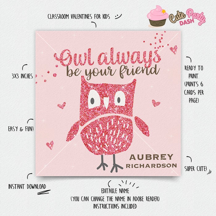 INSTANT DOWNLOAD - EDITABLE Valentine's day Card owl always be your friend kids Valentines Day c