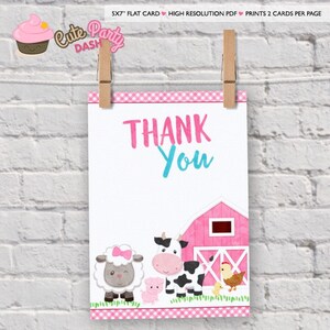 May include: Pink and blue thank you card with a pink and white gingham border. The card features a pink barn, a cow, a sheep, a pig, and a chicken. The text "THANK YOU" is written in pink and blue.