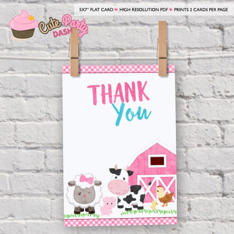 May include: Pink and blue thank you card with a pink and white gingham border. The card features a pink barn, a cow, a sheep, a pig, and a chicken. The text "THANK YOU" is written in pink and blue.