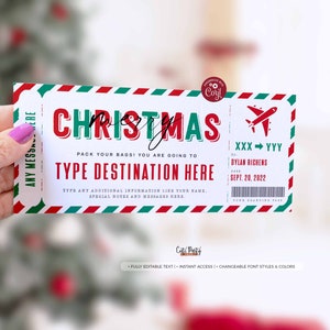 May include: A printable Christmas travel ticket with red, green, and white stripes. The ticket says "Merry Christmas" and "Pack your bags! You are going to TYPE DESTINATION HERE". The ticket also has a space for a name, date, and boarding pass.