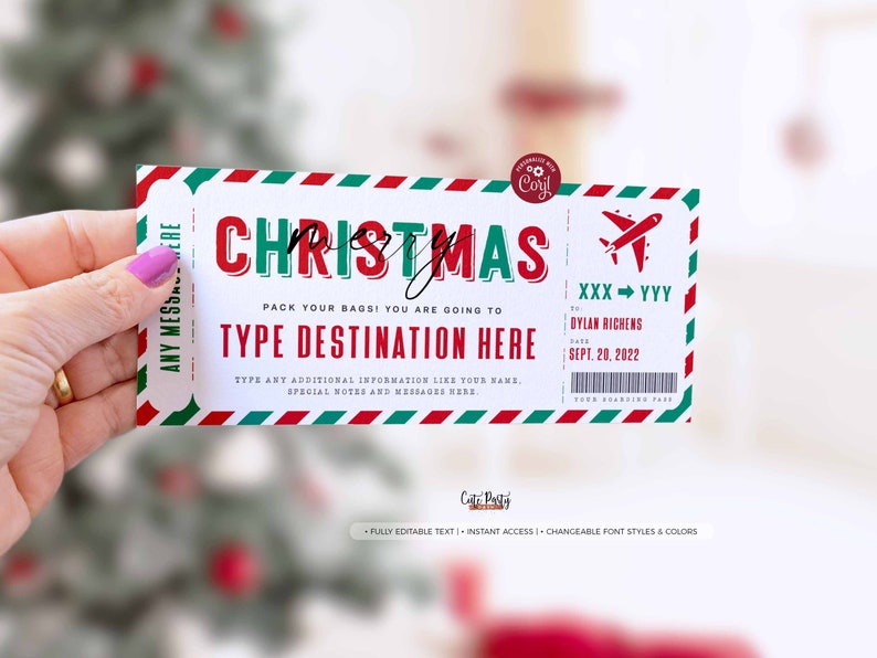 May include: A printable Christmas travel ticket with red, green, and white stripes. The ticket says "Merry Christmas" and "Pack your bags! You are going to TYPE DESTINATION HERE". The ticket also has a space for a name, date, and boarding pass.