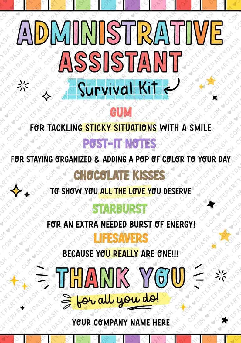 Administrative Assistant Survival Kit Tag Printable INSTANT DOWNLOAD Administrative Professionals Day Appreciation Thank You Secretaries Day