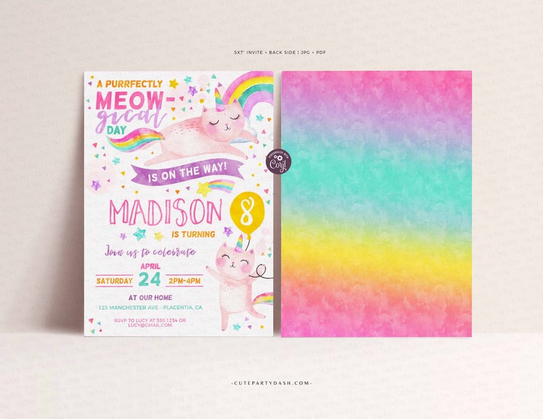INSTANT DOWNLOAD, Caticorn Birthday Party invitation, Cat unicorn rainbow Birthday, corjl invitation girl Printable EDITABLE Caticorn #496