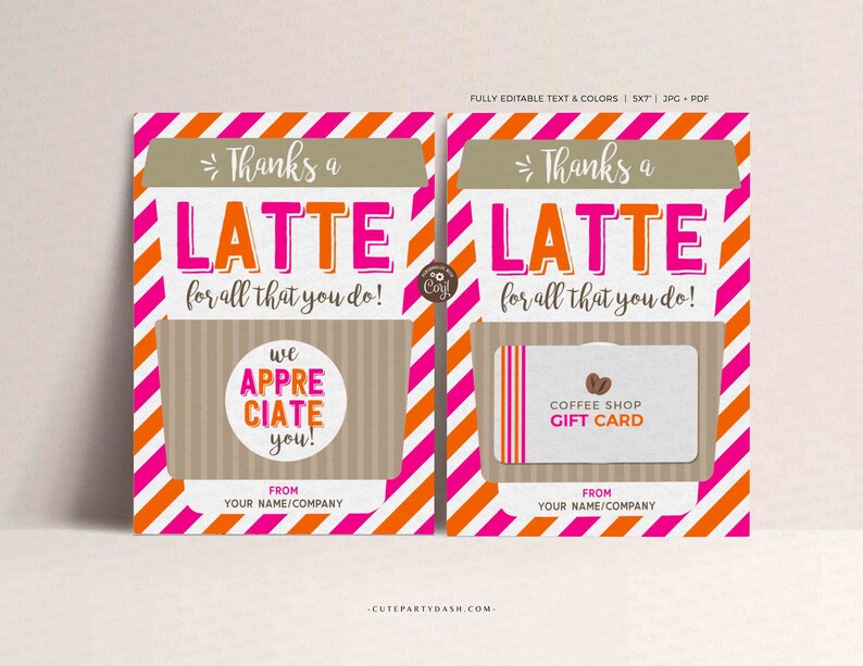 Editable Thanks a Latte Card Coffee Holder template, Teacher Appreciation, Nurse, Staff, Volunteer, Dunkin' Donuts Gift Card Holder, INSTANT DOWNLOAD