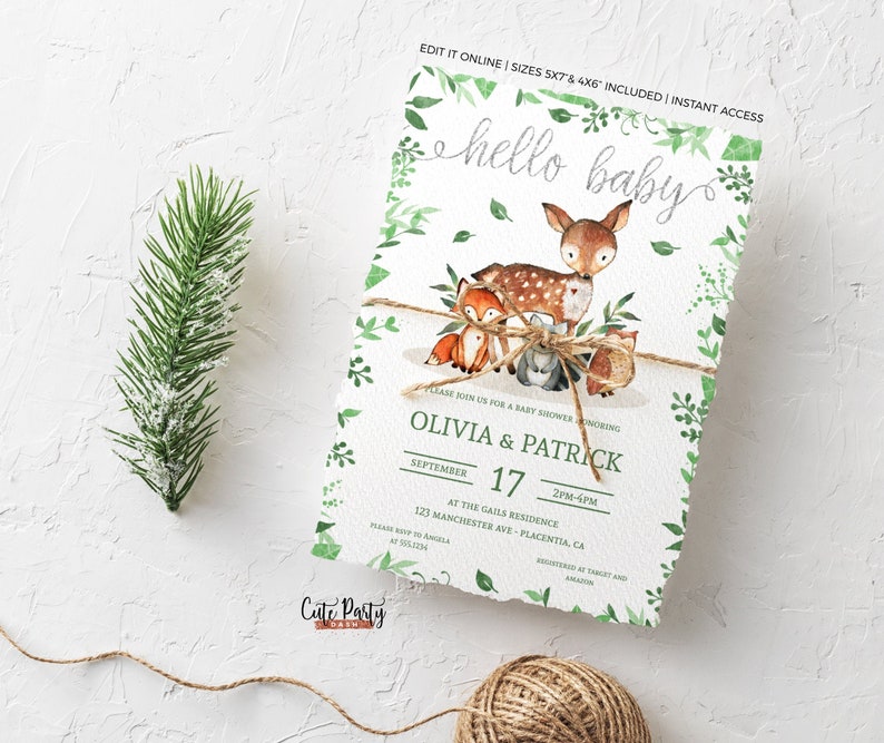 Op de afbeelding: Een babyborrel uitnodiging met een groene bladrand en een aquarel illustratie van een hert, vos en uil. De tekst luidt "hello baby" en bevat de namen Olivia & Patrick, de datum 17 september en de tijd van 14:00 tot 16:00 uur. De uitnodiging bevat ook de locatie: "At The Gail's Residence, 123 Manchester Ave, Placentia, CA."