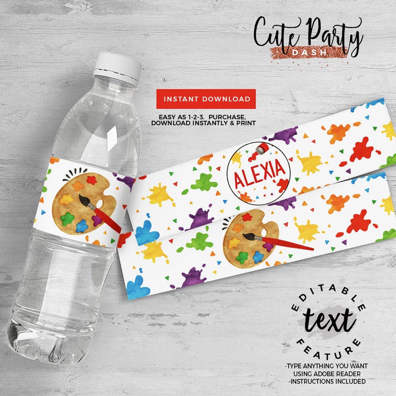 Pu&ograve; includere: Etichette per bottiglie d'acqua stampabili con una tavolozza di colori e schizzi di vernice. Le etichette sono personalizzabili con il testo "Cute Party Dash" e un nome, come "Alexia".