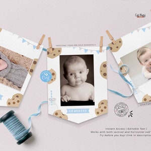 May include: A printable baby milestone banner with a cookie theme. The banner features photos of a baby at different ages, including newborn, six months, and twelve months. The banner is decorated with blue and brown cookies and the text "NEWBORN", "SIX MONTHS", and "TWELVE MONTHS".