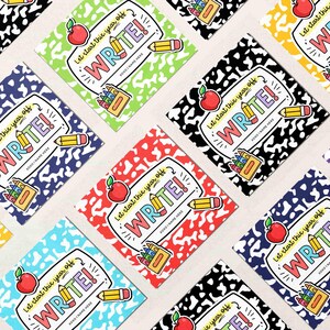 May include: A collection of colorful square stickers with a notebook paper design. Each sticker features the word "WRITE!" in a playful font, along with an apple, pencil, and colored pencils. The text "Let start this year off" is also included.