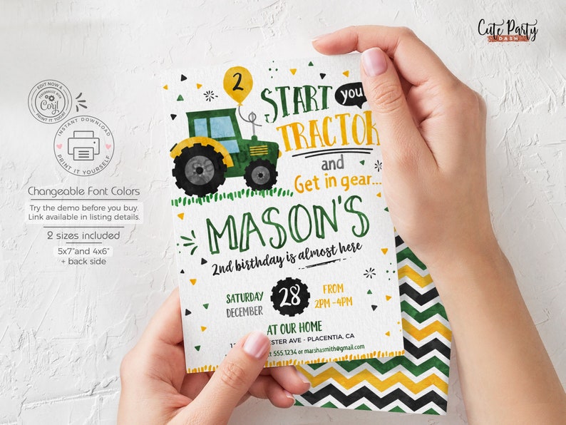 May include: Green and yellow tractor birthday party invitation with the text "Start you tractor and get in gear... Mason's 2nd birthday is almost here".