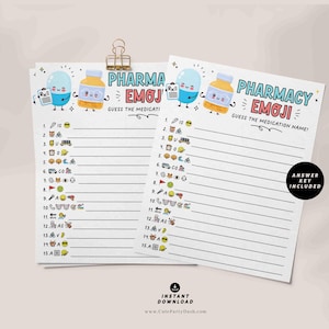 May include: Two printable game cards with a pharmacy theme. The cards feature a cartoon pill bottle and a cartoon capsule with the text "Pharma Emoji" and "Pharmacy Emoji". The cards have a list of emojis and blank lines to write in the names of medications.