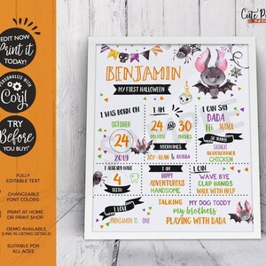 May include: A white printable Halloween milestone sign with a purple bat illustration. The sign says "Benjamin, My First Halloween". It includes details like age, weight, height, and things the child can do.
