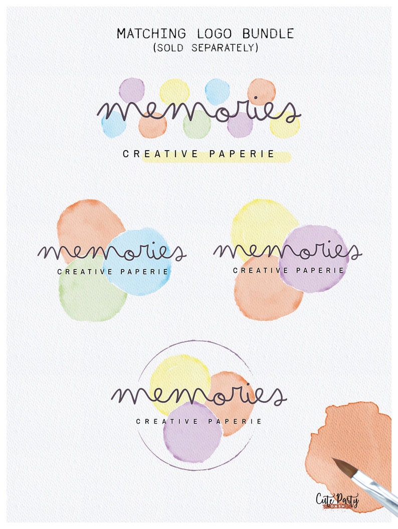 以下が含まれることがあります： 「memories creative paperie」という名前のビジネスのための、水彩ロゴデザイン3点セット。ロゴは手書きのフォントで「memories」という言葉が書かれており、カラフルな水彩の円に囲まれています。