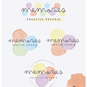 May include: A set of three watercolor logo designs for a business called "memories creative paperie". The logos feature the word "memories" written in a handwritten font and surrounded by colorful watercolor circles.
