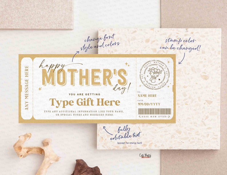 Mother's Day Gift Voucher, Surprise Gift for Mom Certificate Template, Experience Ticket Editable Golden Gift Ticket Coupon INSTANT DOWNLOAD