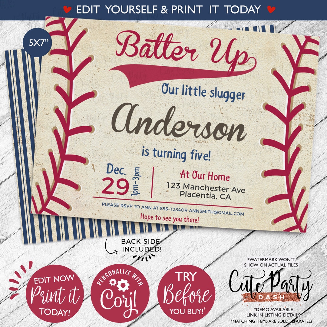 INSTANT DOWNLOAD - EDITABLE Baseball Birthday Party Vintage Invitations ...