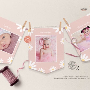 May include: Pink and white printable banner with daisies and a photo frame for each month of a baby's first year. The text on the banner reads "Newborn", "Six Months", and "Twelve Months".