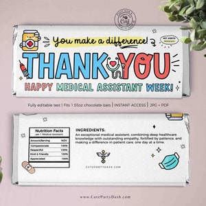 Medical Assistant Week Gift Idea INSTANT DOWNLOAD Printable MA Appreciation Week Thank you Chocolate Favor Candy Bar Wrappers Editable