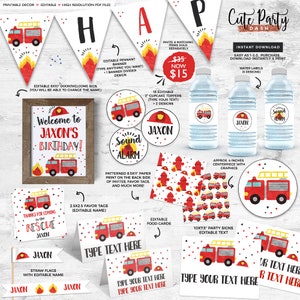 May include: Printable party decorations for a fire truck themed birthday party. The set includes a welcome sign, pennant banner, cupcake toppers, favor tags, food cards, water bottle labels, party signs, and straw flags. All items are editable with the name "Jaxon".