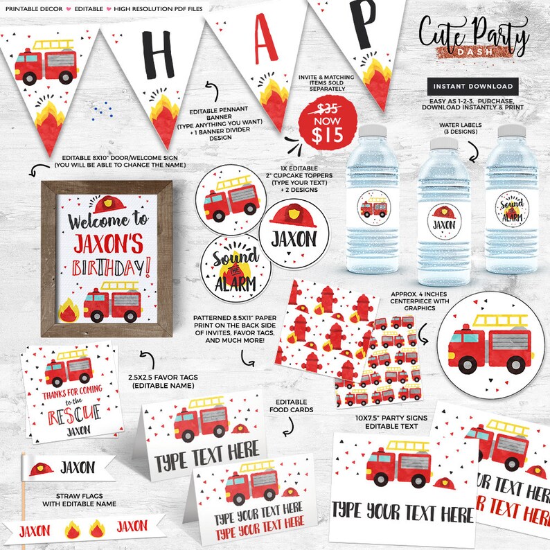 May include: Printable party decorations for a fire truck themed birthday party. The set includes a welcome sign, pennant banner, cupcake toppers, favor tags, food cards, water bottle labels, party signs, and straw flags. All items are editable with the name "Jaxon".