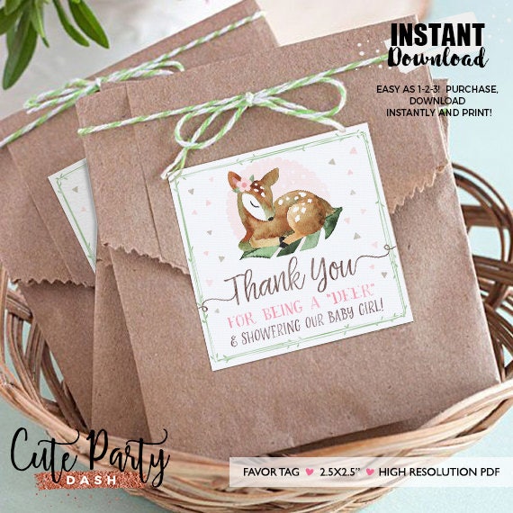 Instant Download Girl Deer Baby Shower Favor Tag Woodland Etsy