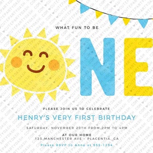 Minimal Little Sunshine Birthday Boy invitation Printable INSTANT DOWNLOAD Editable Minimalist Sun Little Sunshine First birthday party 481