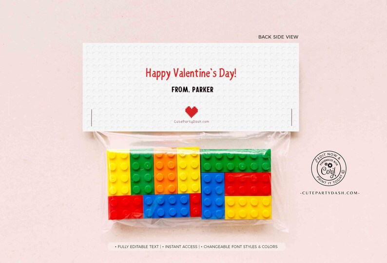 May include: A printable Valentine's Day gift tag with the text "Happy Valentine's Day! From. Parker" and a red heart. The tag is attached to a small plastic bag containing colorful Lego bricks.