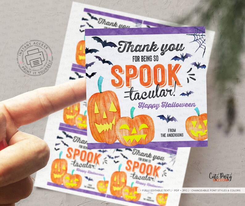 May include: Printable Halloween thank you tags with a spooky theme. The tags feature orange and yellow pumpkins with jack-o-lantern faces, bats, and the text "Thank you for being so Spook-tacular! Happy Halloween".