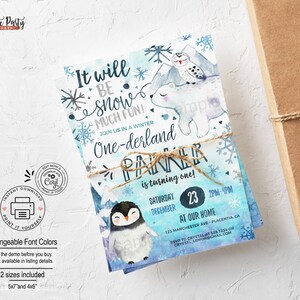 May include: A blue and white winter wonderland themed printable invitation for a first birthday party. The invitation features a penguin, a polar bear, and an owl. The text on the invitation reads "It will be snow much fun! Join us in a winter One-derland Parker is turning one! Saturday December 23 2PM-4PM At our home 123 Manchester Ave Placentia, CA RSVP to Crystal at 555.1234 or crystal_lemon@gmail.com"