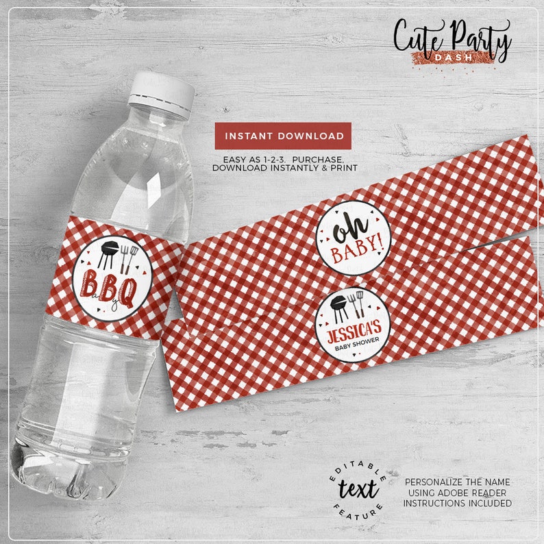 May include: Printable water bottle labels with a red and white gingham pattern. The labels feature a BBQ grill and the text "BBQ" on one label and the text "oh BABY!" and "JESSICA'S BABY SHOWER" on the other label.