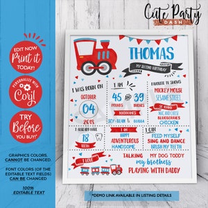 May include: A red and blue printable birthday sign for a boy's second birthday. The sign features a cartoon train, the name "Thomas", and details about the child's age, weight, height, and favorite things. The sign is decorated with red, blue, and white stars and confetti.