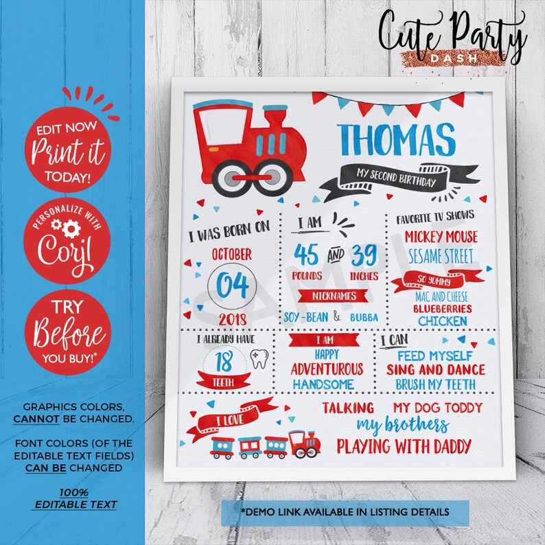 May include: A red and blue printable birthday sign for a boy's second birthday. The sign features a cartoon train, the name "Thomas", and details about the child's age, weight, height, and favorite things. The sign is decorated with red, blue, and white stars and confetti.