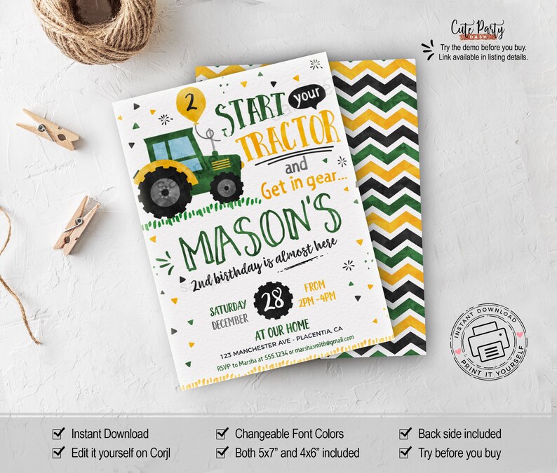 May include: Green and yellow tractor birthday party invitation with a cartoon tractor and the text "Start your tractor and get in gear... Mason's 2nd birthday is almost here". The invitation includes the date, time, and location of the party.