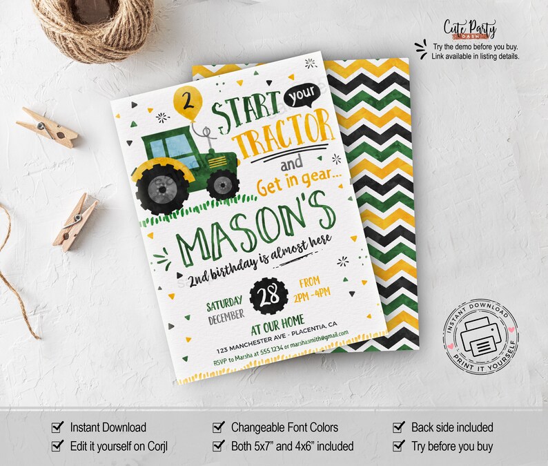 INSTANT DOWNLOAD, EDITABLE Tractor Birthday Party invitations, Farmer Tractor Birthday, corjl printable invitations, Watercolors invite 459 image 2