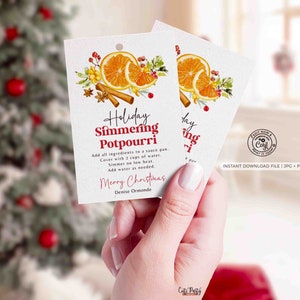 May include: A white gift tag with a red border and a watercolour illustration of oranges, cinnamon sticks, and cloves. The text on the tag reads "Holiday Simmering Potpourri" and includes instructions for making the potpourri. The tag also includes the text "Merry Christmas" and "Denise Ormonde".