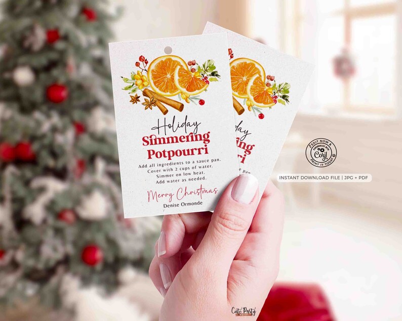 May include: A white gift tag with a red border and a watercolour illustration of oranges, cinnamon sticks, and cloves. The text on the tag reads "Holiday Simmering Potpourri" and includes instructions for making the potpourri. The tag also includes the text "Merry Christmas" and "Denise Ormonde".