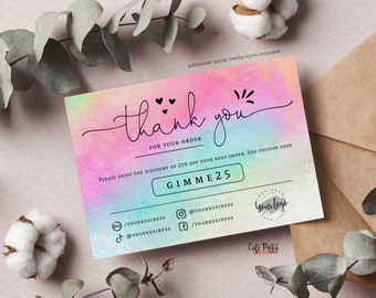 May include: A thank you card with a rainbow watercolor background. The card says "Thank you for your order." and includes a discount code "GIMME25". Social media icons are included with the text "@yourbusiness" and "yourbusiness".