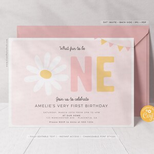 May include: A pink and white first birthday invitation with a daisy and the word "ONE" in large letters. The invitation includes event details and is accompanied by a pink envelope.