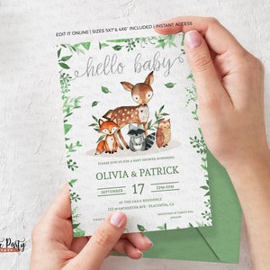 May include: A baby shower invitation with a woodland theme. The invitation features a deer, fox, raccoon, and owl surrounded by green leaves. The text on the invitation reads "hello baby", "Olivia & Patrick", "September 17", "2PM-4PM", "At The Gail's Residence", "123 Manchester Ave. Placentia, CA".