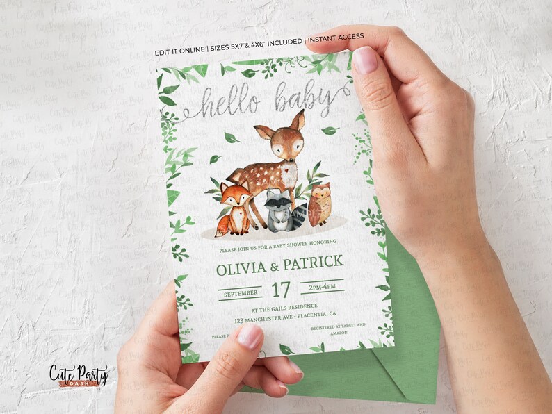 May include: A baby shower invitation with a woodland theme. The invitation features a deer, fox, raccoon, and owl surrounded by green leaves. The text on the invitation reads "hello baby", "Olivia & Patrick", "September 17", "2PM-4PM", "At The Gail's Residence", "123 Manchester Ave. Placentia, CA".