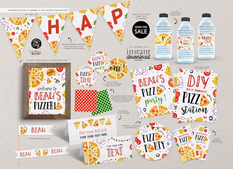 May include: Printable pizza party decorations in red, white, and green with a pizza theme. The set includes banners, cupcake toppers, food cards, favor tags, water bottle labels, and a welcome sign. The text on the welcome sign reads "Welcome to Beau's Pizzeria".