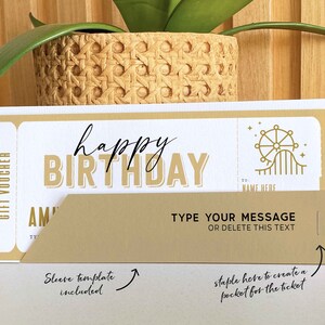 May include: A printable gift voucher template with a gold and white color scheme. The voucher features the text "Happy Birthday" and a graphic of a Ferris wheel and roller coaster. The text "Type your message or delete this text" is included on the voucher.