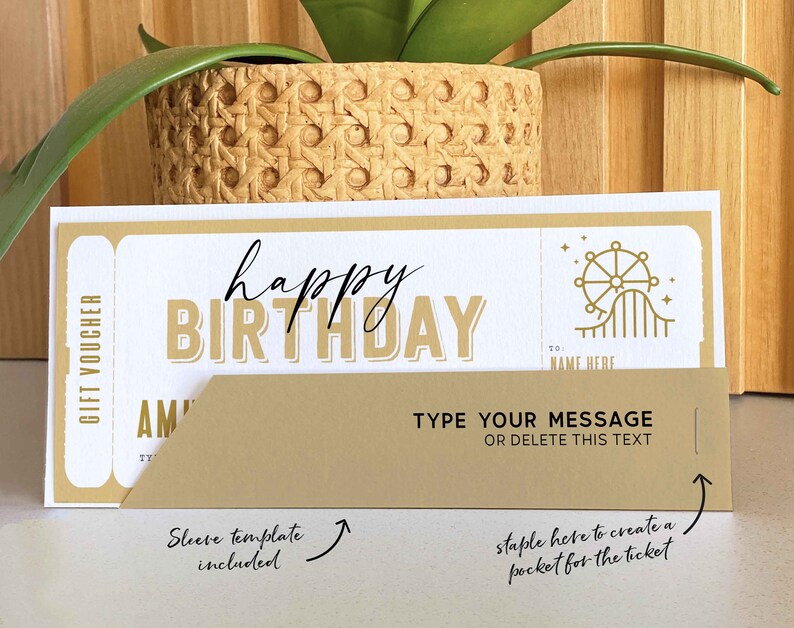 May include: A printable gift voucher template with a gold and white color scheme. The voucher features the text "Happy Birthday" and a graphic of a Ferris wheel and roller coaster. The text "Type your message or delete this text" is included on the voucher.