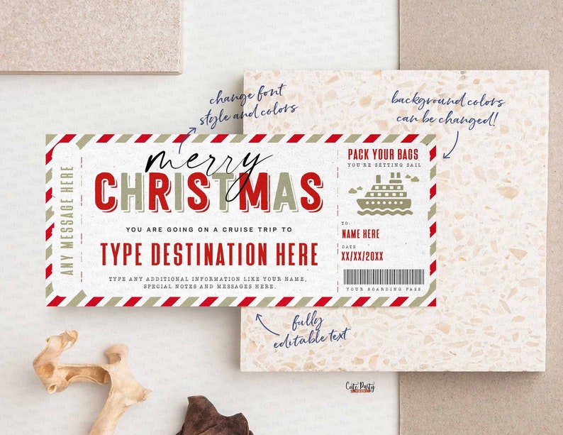 Christmas Cruise Boarding Pass Vacation Ticket Gift Voucher, Editable Template, Holiday Vacation Surprise Cruise Trip, INSTANT DOWNLOAD