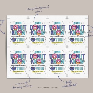 Puede incluir: Hoja imprimible de ocho etiquetas de regalo con tem&aacute;tica de donas con el texto "We Donut Know What We'd Do Without You!" y "Thanks for Your Service". Las etiquetas est&aacute;n decoradas con donas coloridas, estrellas y una insignia de polic&iacute;a.