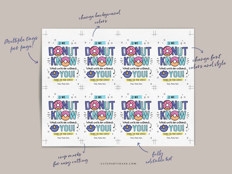Puede incluir: Hoja imprimible de ocho etiquetas de regalo con tem&aacute;tica de donas con el texto "We Donut Know What We'd Do Without You!" y "Thanks for Your Service". Las etiquetas est&aacute;n decoradas con donas coloridas, estrellas y una insignia de polic&iacute;a.